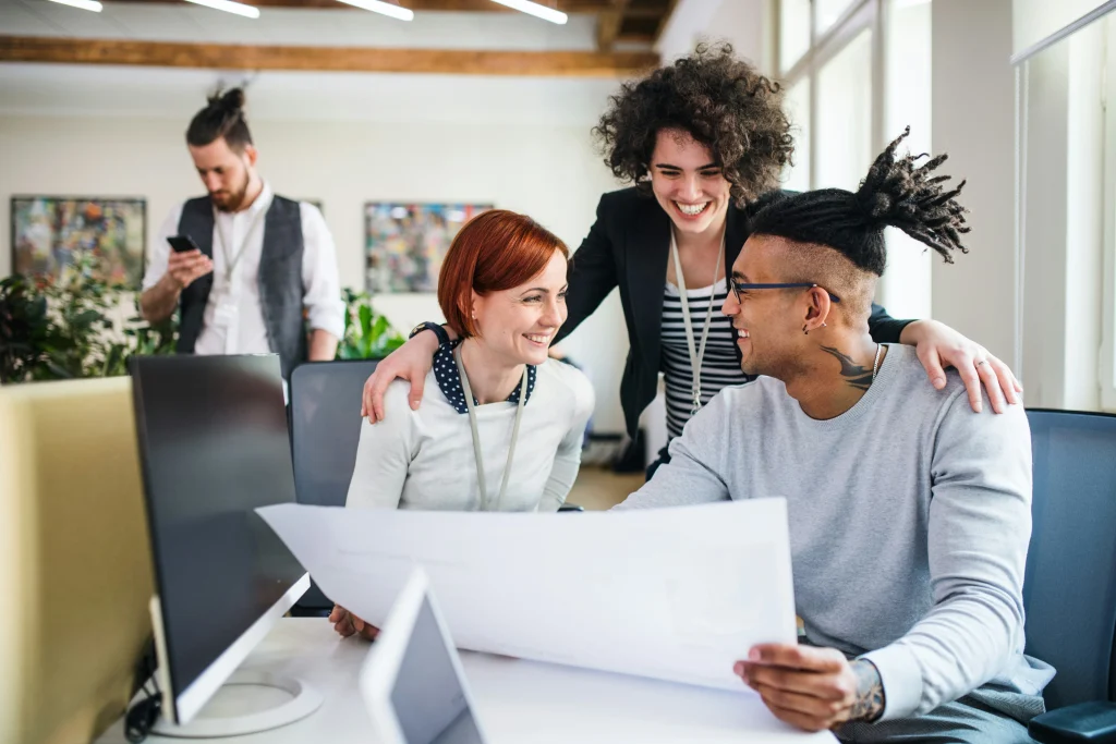 diverse team collaborating in an office
